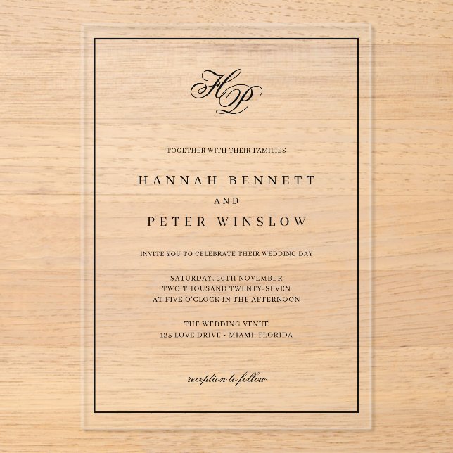 Invitations En Acrylique Élégant Monogramme Initiales Black Frame Mariage (Recto)
