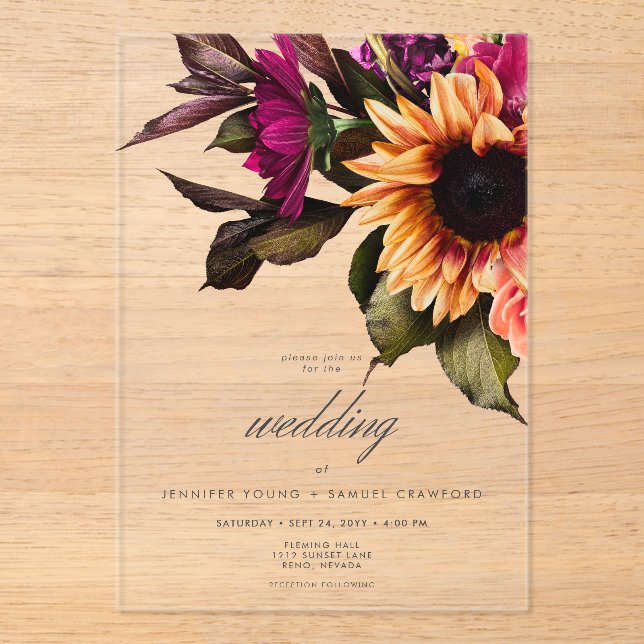Invitations En Acrylique Élégant Moody Vibrant Sunset Floral Mariage (Recto)