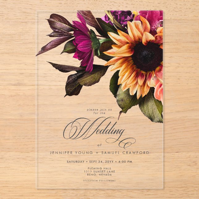 Invitations En Acrylique Élégant Moody Vibrant Sunset Floral Mariage (Recto)