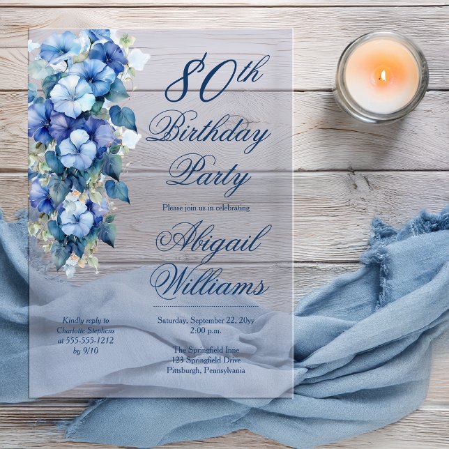 Invitations En Acrylique Elegant Morning Glories Blue Floral 80th Birthday  (Boho Elegant Morning Glories Blue Floral 80th Birthday Party Acrylic Invitation )