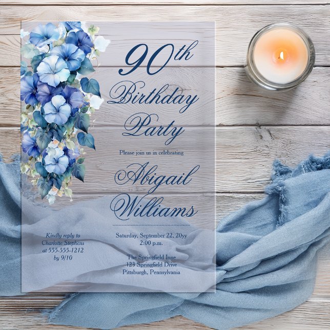 Invitations En Acrylique Elégant Morning Glories Blue Floral 90e anniversai (Boho Elegant Morning Glories Blue Floral 90th Birthday Party Acrylic Invitation )