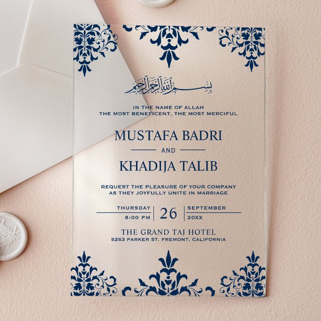 Invitations En Acrylique Elegant Navy Blue Damask Islamic Wedding (Créateur téléchargé)