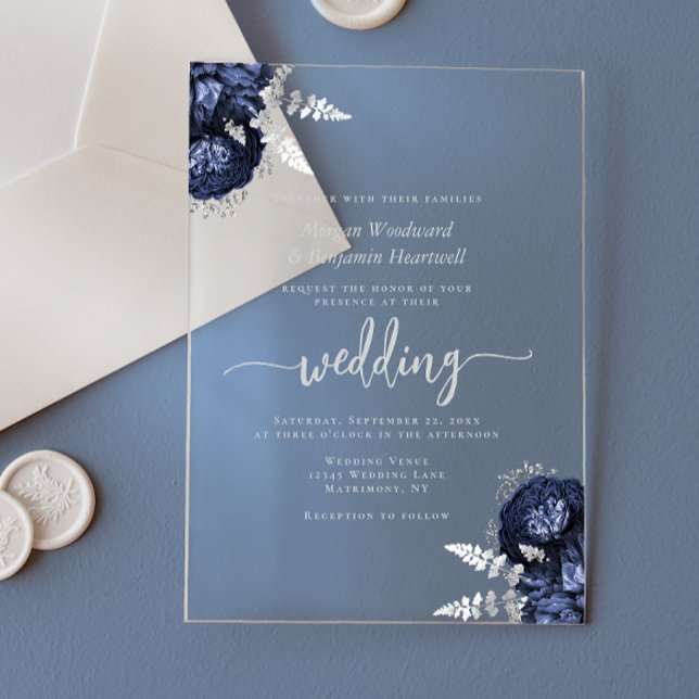 Invitations En Acrylique Elegant Navy Blue Silver Floral Wedding (Créateur téléchargé)