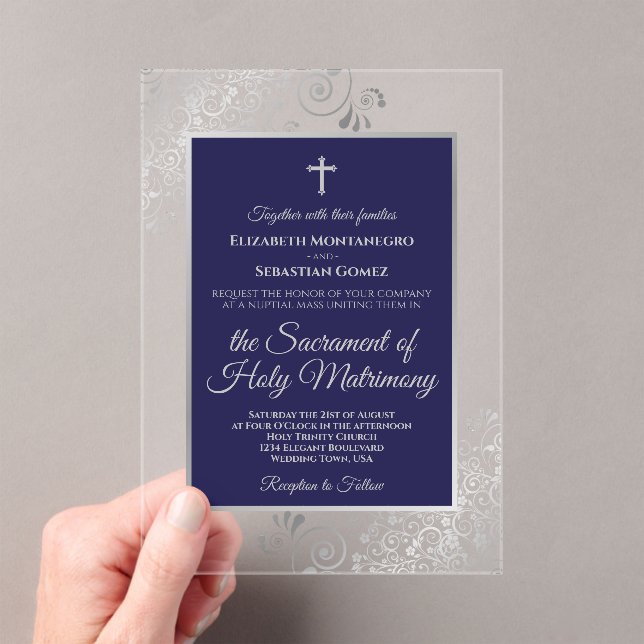 Invitations En Acrylique Elegant Navy Blue & Silver Ornate Catholic Wedding (In situ (ordinateur de poche))