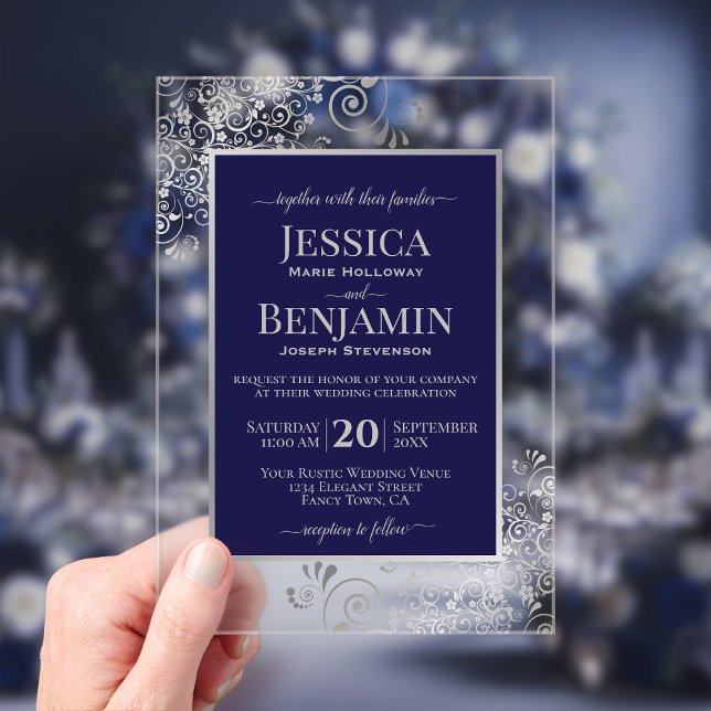 Invitations En Acrylique Elegant Navy Blue & Silver Stylish Text Wedding (Clear Acrylic with Rectangle Cut)