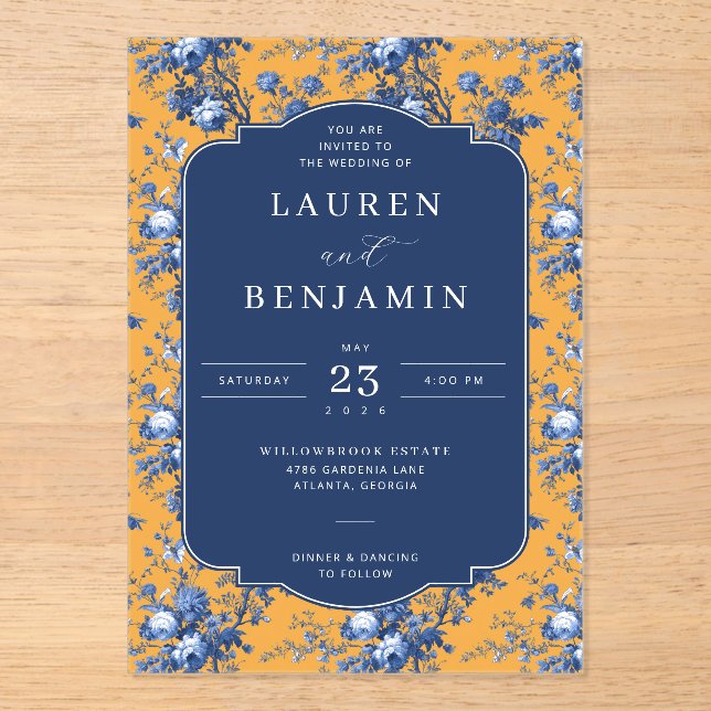 Invitations En Acrylique Elegant Navy Floral Mustard (Recto)