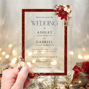 Invitations En Acrylique Élégant Noël Rouge Damas Floral