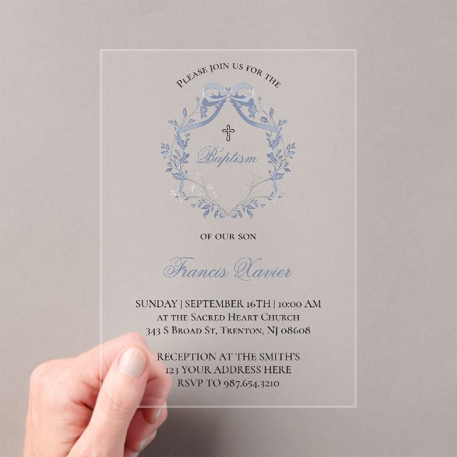Invitations En Acrylique élégant nœud bleu | Baptême (In situ (ordinateur de poche))