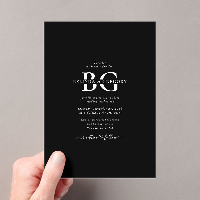 Invitations En Acrylique Élégant Noir et Blanc Monogramme Initiales Mariage (In situ (ordinateur de poche))