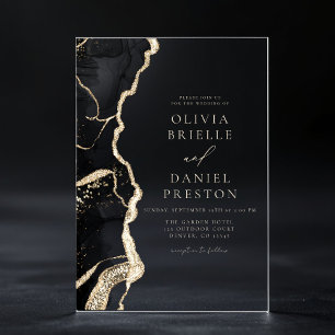 Invitations En Acrylique Elégant Noir Or Agate Mariage Élégant Chic