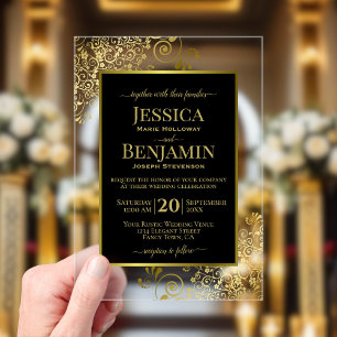Invitations En Acrylique Élégant Noir & Or Texte Élégant Mariage Élégant