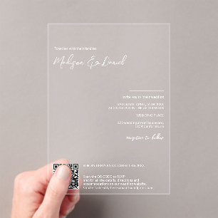 Invitations En Acrylique Elégant nom blanc calligraphie Qr code mariage