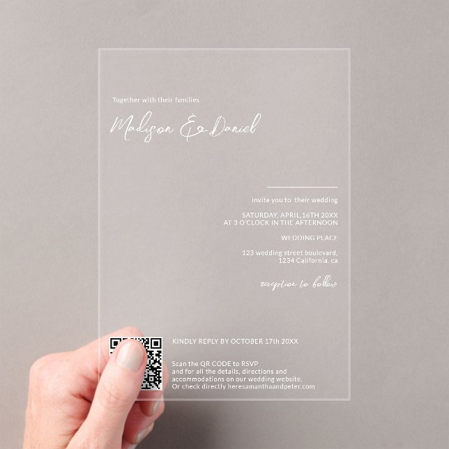 Invitations En Acrylique Elégant nom blanc calligraphie Qr code mariage (In situ (ordinateur de poche))