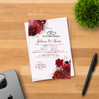 Invitations En Acrylique Élégant Notre Mariage Fleurs Rouges Mariage
