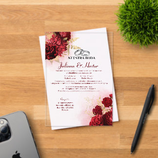 Invitations En Acrylique Élégant Notre Mariage Rouge Or Floral Mariage