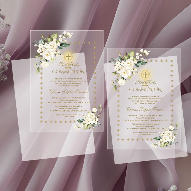 Invitations En Acrylique Élégant or étincelles blanc floral sainte communio (Créateur téléchargé)