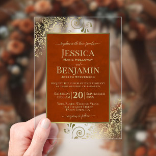 Invitations En Acrylique Élégant Orange Rouille & Or Mariage Texte Élégant