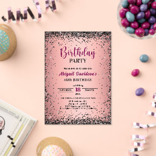 Invitations En Acrylique Elégant Paillettes Noires Métallisé Rose 46e Anniv