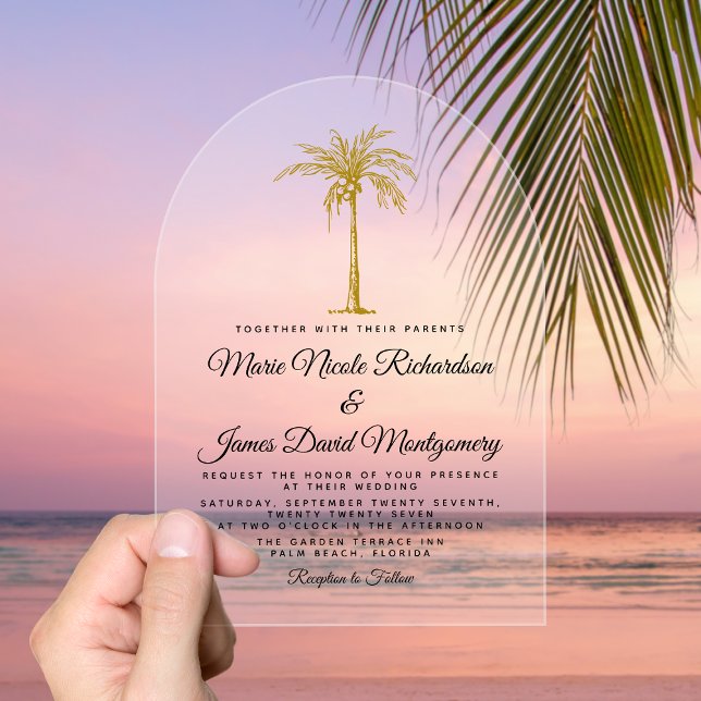 Invitations En Acrylique Elégant Palme Tropical Gold Mariage Plage Formel (Elegant Tropical Gold Palm Formal Beach Wedding Acrylic Invitations)