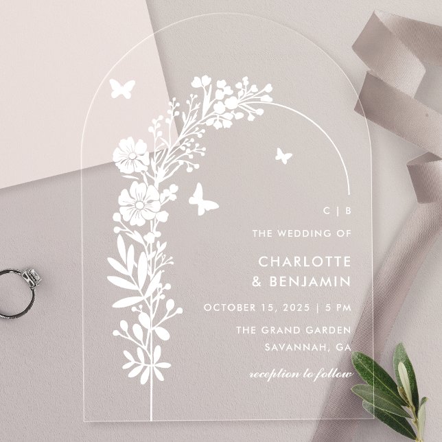 Invitations En Acrylique Élégant Papillon Blanc Mariage Botanique (Créateur téléchargé)