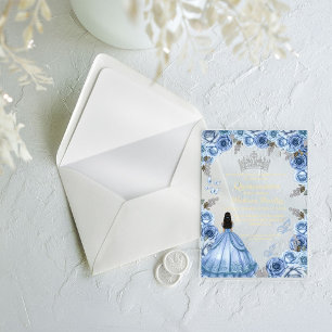 Invitations En Acrylique Élégant Papillon Floral Bleu Poussiéreux Quinceane