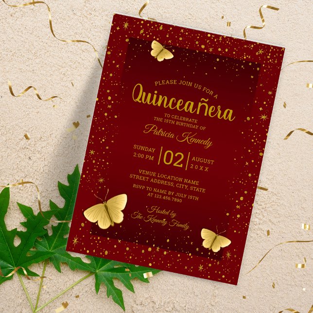 Invitations En Acrylique Élégant Papillons Burgundy Et Or Quinceanera (Elegant Quinceanera Burgundy And Gold Butterflies Acrylic Invitations
)