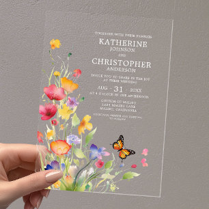 Invitations En Acrylique Élégant Papillons Fleurs Sauvages Colorées Mariage
