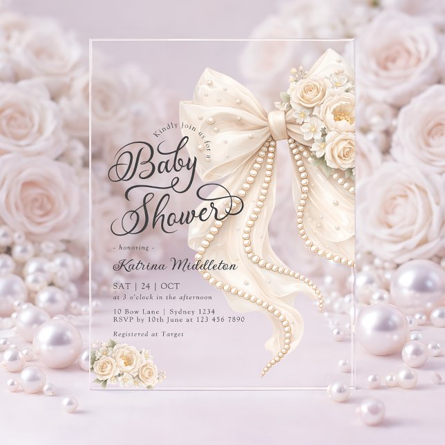Invitations En Acrylique Elegant Pearl White Bow Floral Baby Shower (Créateur téléchargé)