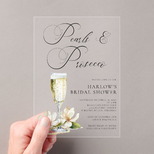 Invitations En Acrylique Elegant Pearls and Prosecco Bridal Shower  (In situ (ordinateur de poche))