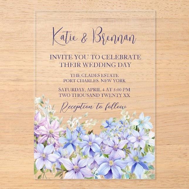 Invitations En Acrylique Élégant Periwinkle Clematis Mariage (Recto)