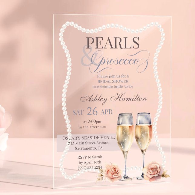 Invitations En Acrylique Elégant Perles & Prosecco Douche nuptiale (Créateur téléchargé)
