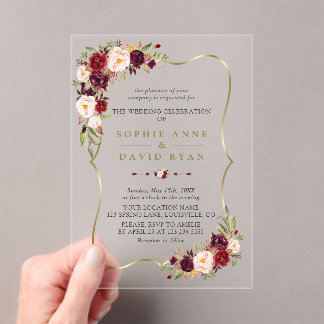 Invitations En Acrylique Elegant Pink Burgundy Floral Gold Marble Wedding
