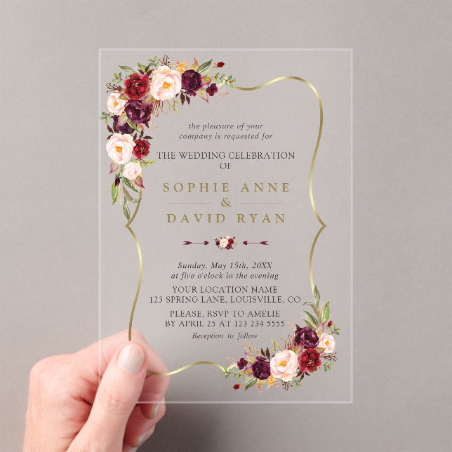 Invitations En Acrylique Elegant Pink Burgundy Floral Gold Marble Wedding (In situ (ordinateur de poche))