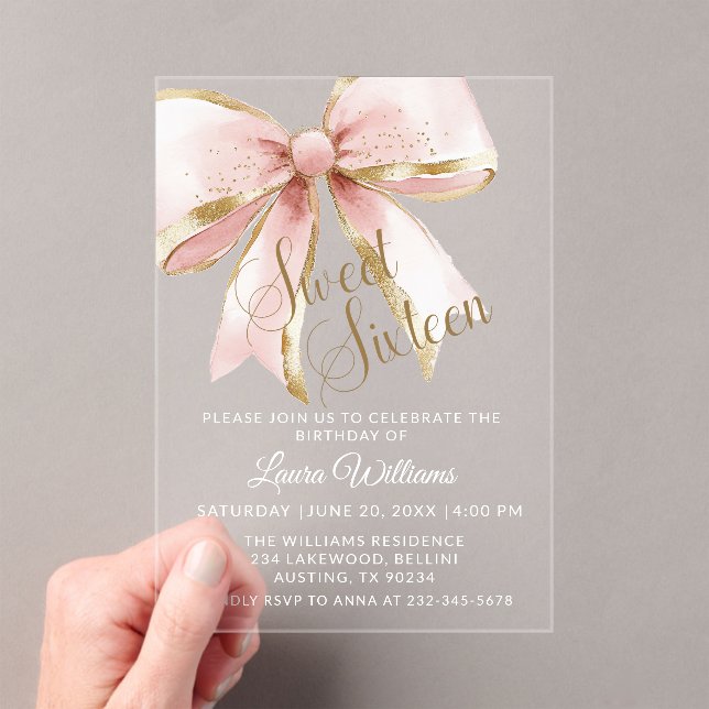 Invitations En Acrylique Elegant Pink & Gold Coquette Bow Sweet 16th (In situ (ordinateur de poche))