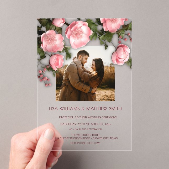 Invitations En Acrylique Elegant Pink White 3D Roses Wedding (In situ (ordinateur de poche))