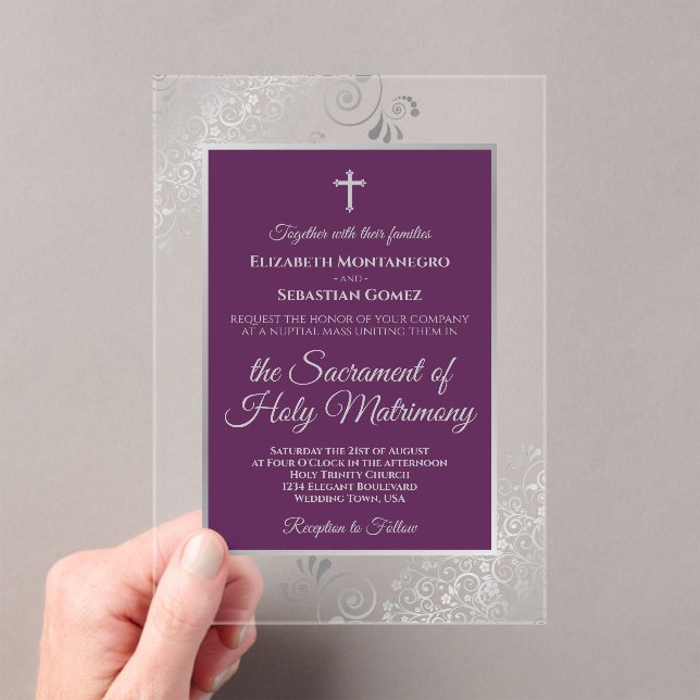 Invitations En Acrylique Elegant Plum Purple & Silver Catholic Wedding (In situ (ordinateur de poche))