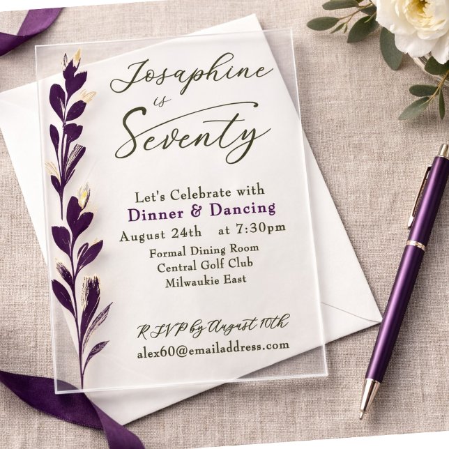 Invitations En Acrylique  Elegant Plum Watercolor Botanical 70th Birthday (Créateur téléchargé)