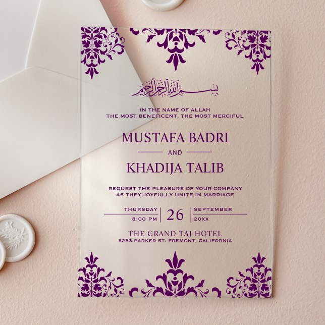 Invitations En Acrylique Elegant Purple Damask Islamic Wedding (Créateur téléchargé)