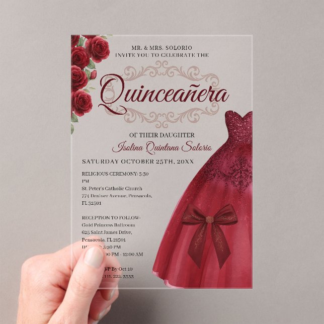 Invitations En Acrylique Elegant Quinceanera 15th Birthday Red Burgundy  (In situ (ordinateur de poche))
