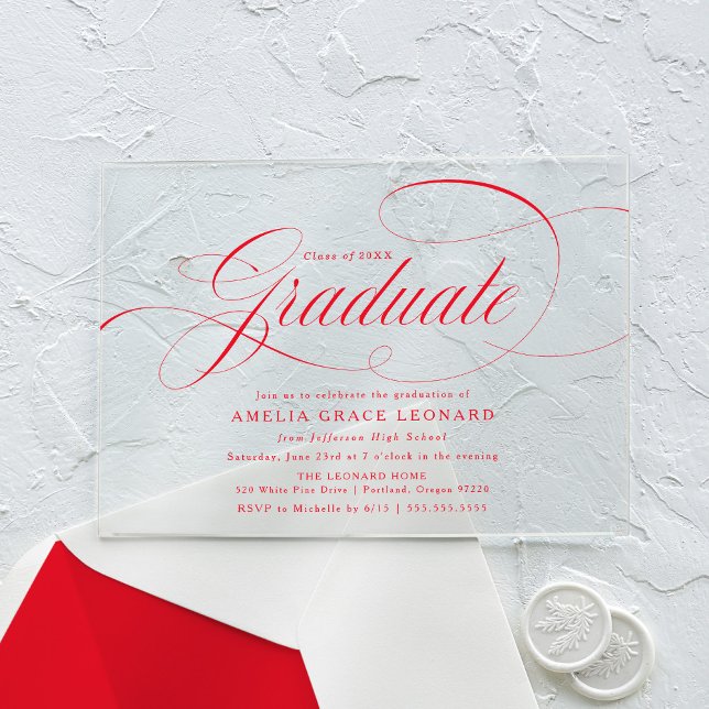 Invitations En Acrylique Élégant Red Script Graduation Party (Créateur téléchargé)