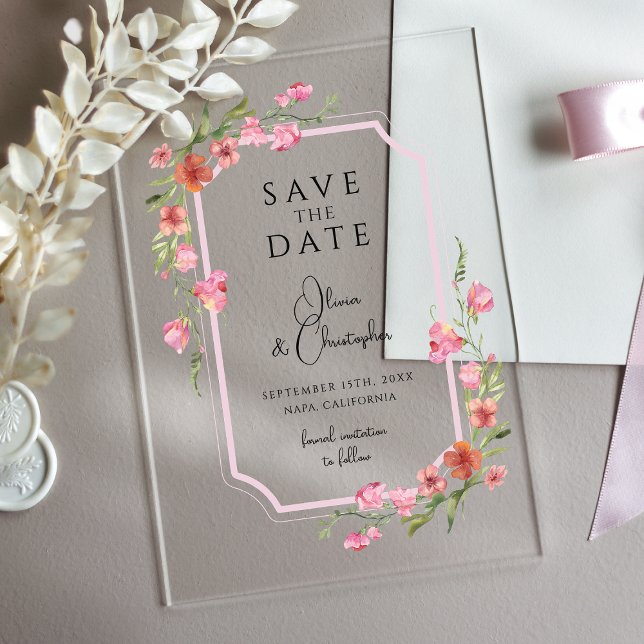 Invitations En Acrylique Élégant Romantique Floral Enregistrer La Date (Créateur téléchargé)