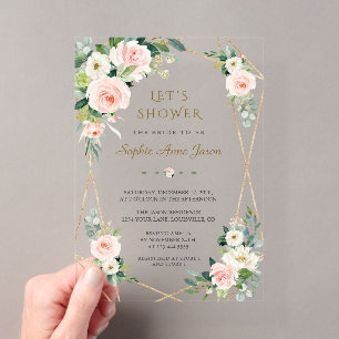 Invitations En Acrylique Élégant Rose Blanc Floral Cadre Doré Mariage