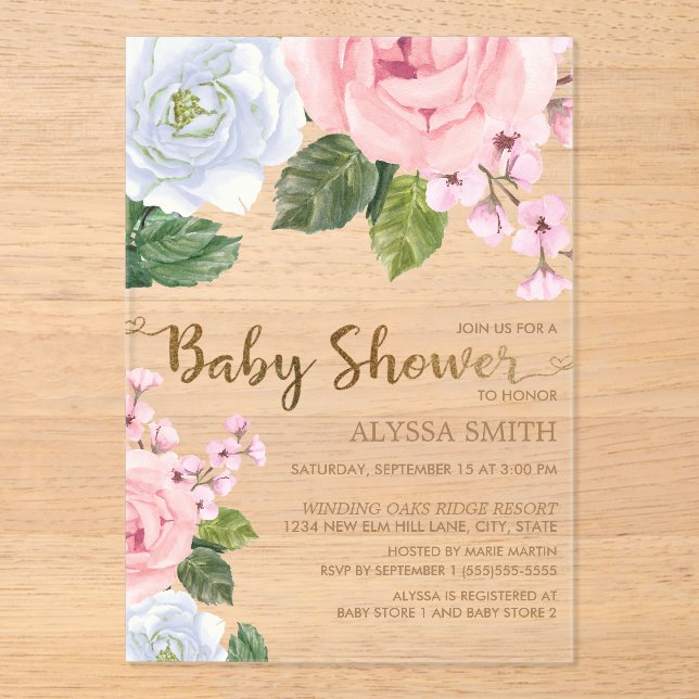 Invitations En Acrylique Élégant rose blanc Rose  Script Baby shower (Recto)