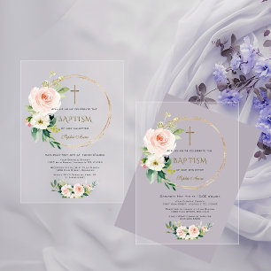 Invitations En Acrylique Élégant rose Blush Floral Gold Cross Baptême