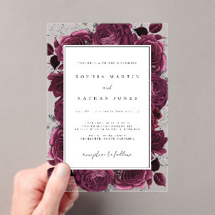 Invitations En Acrylique Élégant Rose Bourguignonne Et Argent Mariage Clair