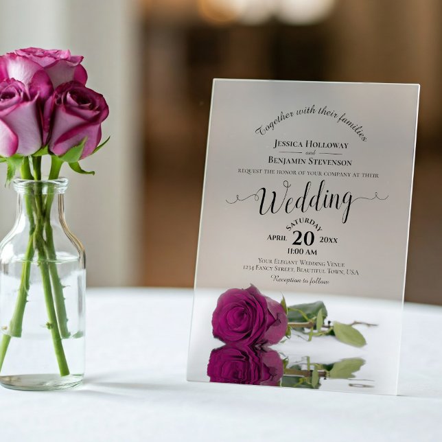 Invitations En Acrylique Élégant Rose de Plum Magenta Mariage de calligraph (Frosted with Rectangle Cut)