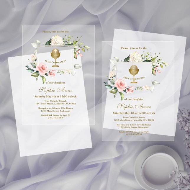 Invitations En Acrylique Élégant rose Fleurs rousses Fille Sainte Communion (Créateur téléchargé)