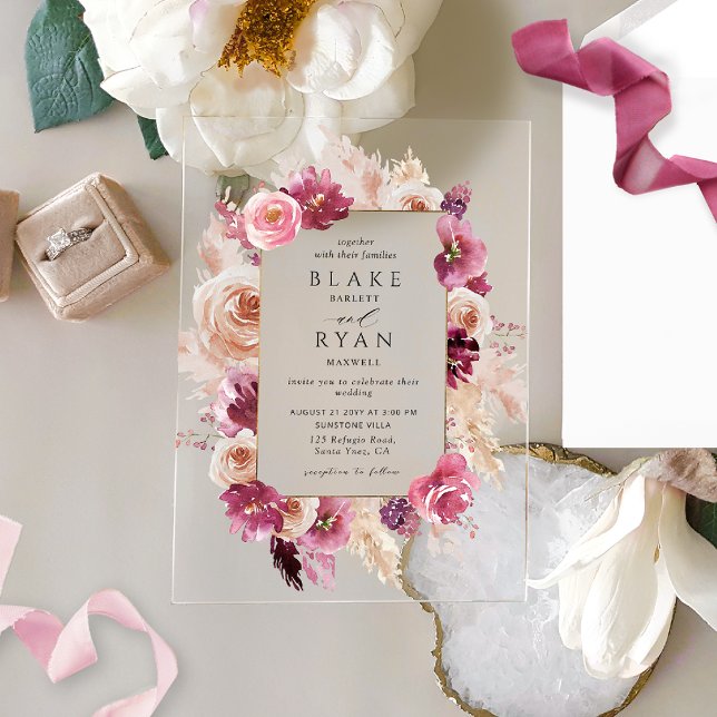 Invitations En Acrylique Élégant rose floral, Bourgogne, Mariage champagne (Créateur téléchargé)