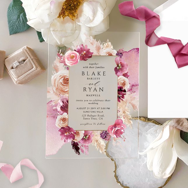 Invitations En Acrylique Élégant rose floral, Mariage d'aquarelle bordeaux (Créateur téléchargé)
