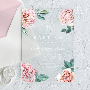 Invitations En Acrylique Élégant rose Floral Religieux Croix Fille Baptême